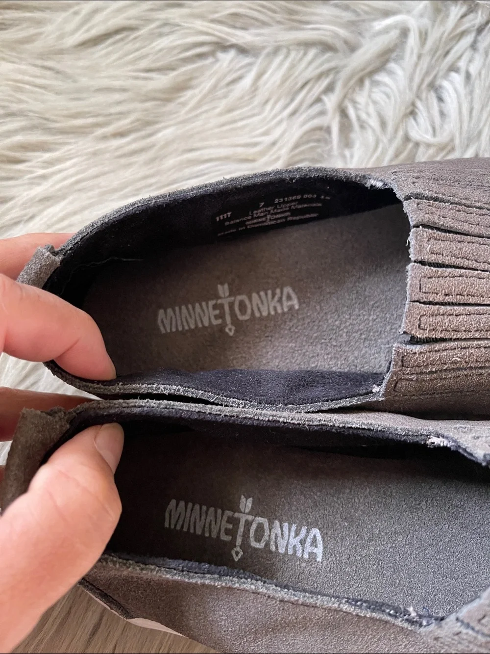 Minnetonka Taupe Suede Fringe Slip-On Loafers